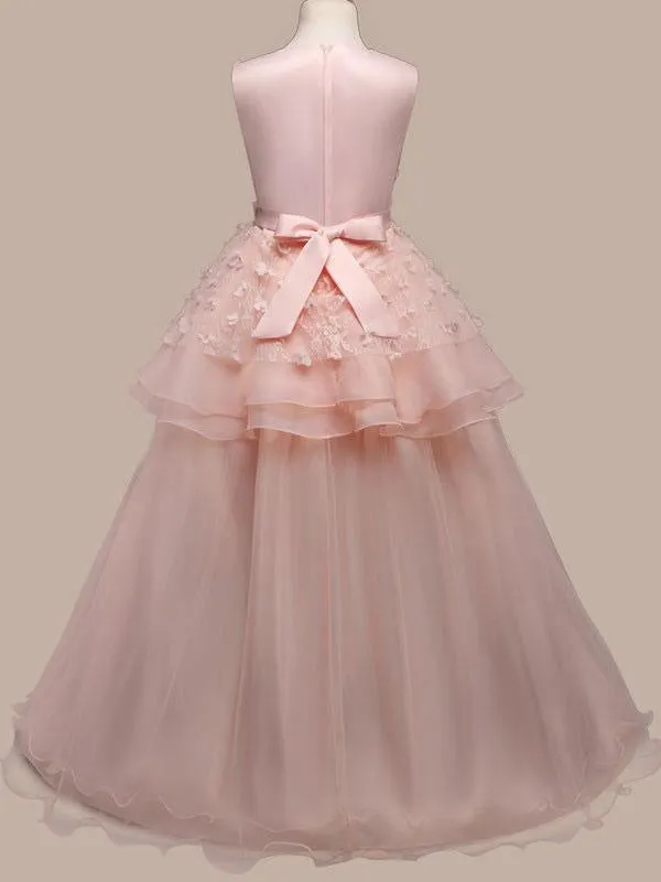 Romantic Sleeveless Pink Floor Length Flower Girl Dresses Jewel Neck Bows Kids Party Dresses