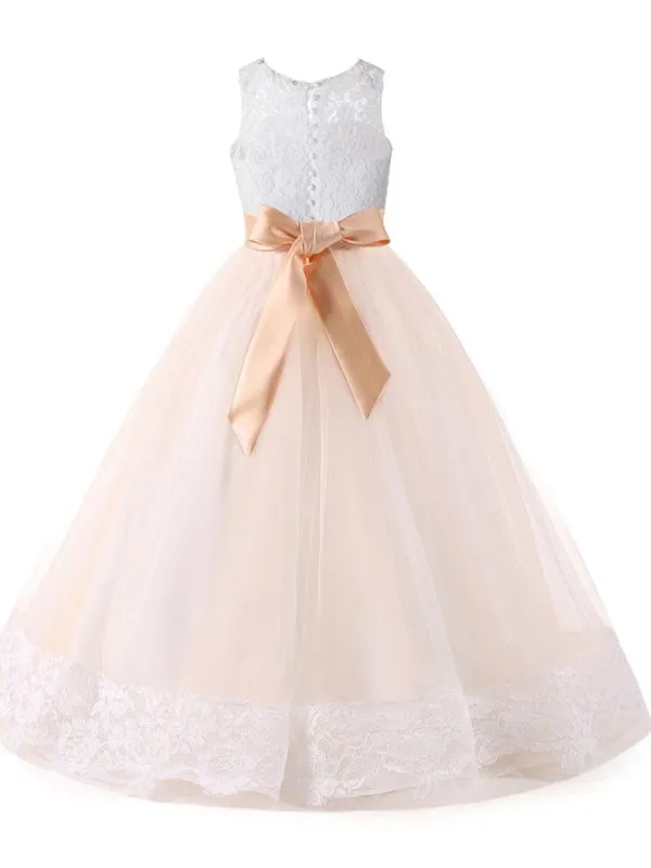 Round Neck Lace Tulle Ball Gown Flower Girl Dresses Jewel Neck Lace Sleeveless Ankle Length Kids Pageant Dresses