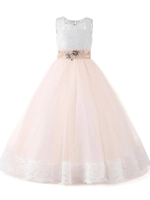 Round Neck Lace Tulle Ball Gown Flower Girl Dresses Jewel Neck Lace Sleeveless Ankle Length Kids Pageant Dresses