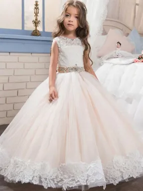 Round Neck Lace Tulle Ball Gown Flower Girl Dresses Jewel Neck Lace Sleeveless Ankle Length Kids Pageant Dresses