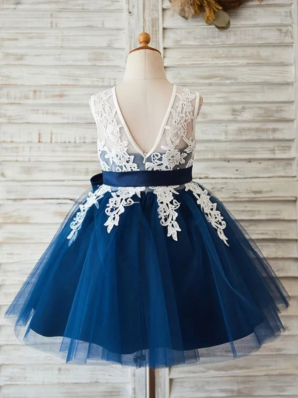 Royal Blue Lace Sleeveless Flower Girl Dresses Knee Length Princess Silhouette Sash Kids Party Dresses