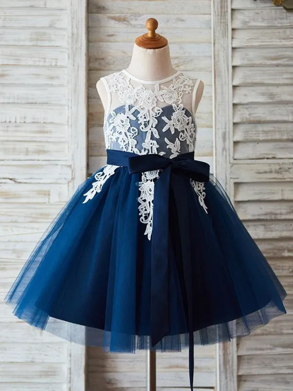 Royal Blue Lace Sleeveless Flower Girl Dresses Knee Length Princess Silhouette Sash Kids Party Dresses