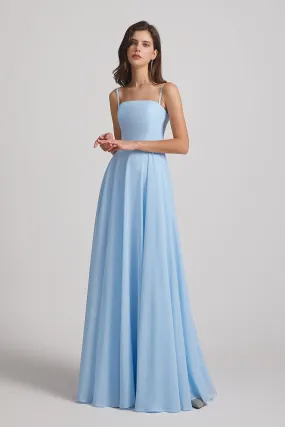 Ruched Spaghetti Straps Blue Chiffon Bridesmaid Dresses (AF0062)