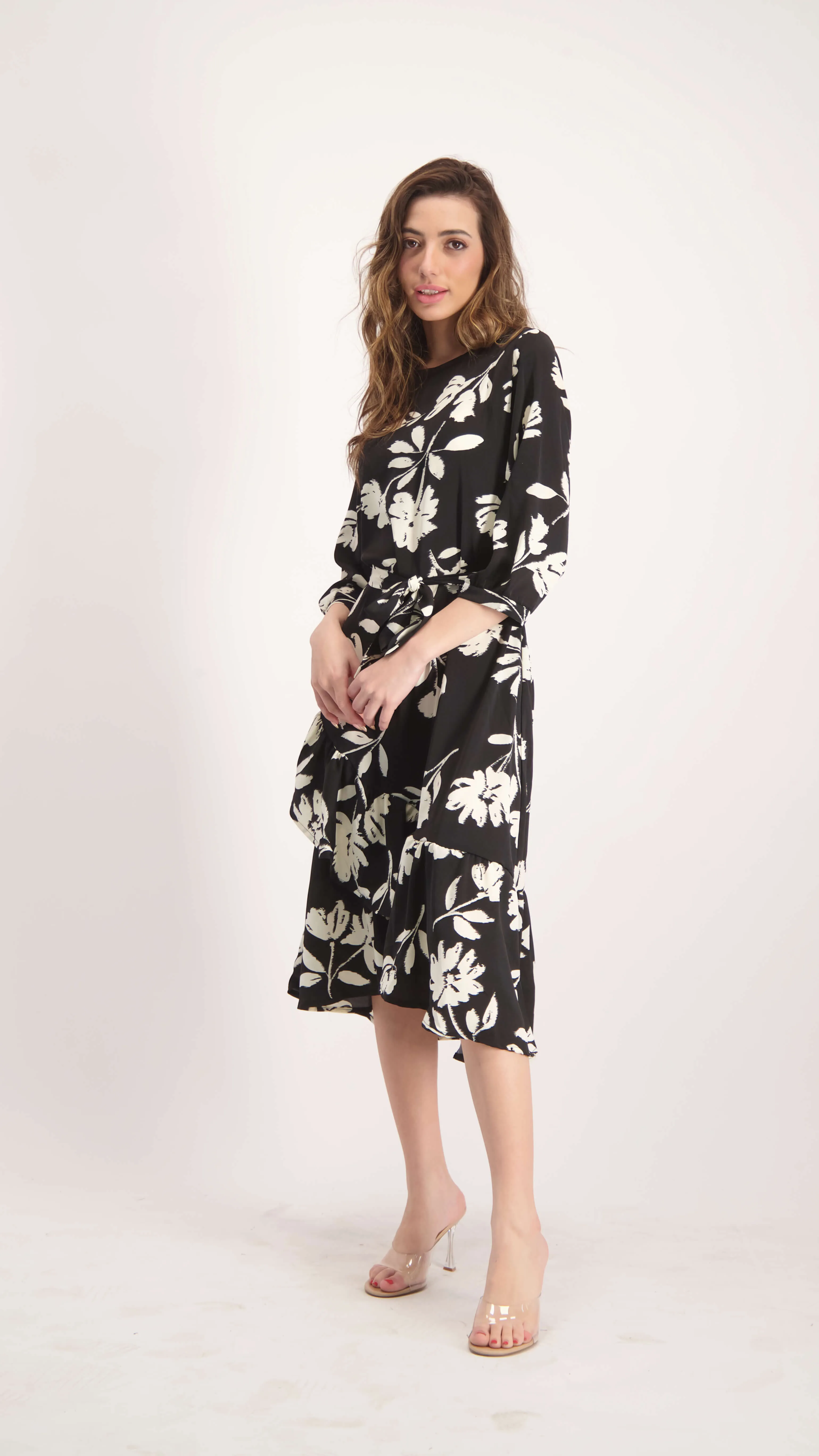 Ruffle Dress / Black & White Flowers