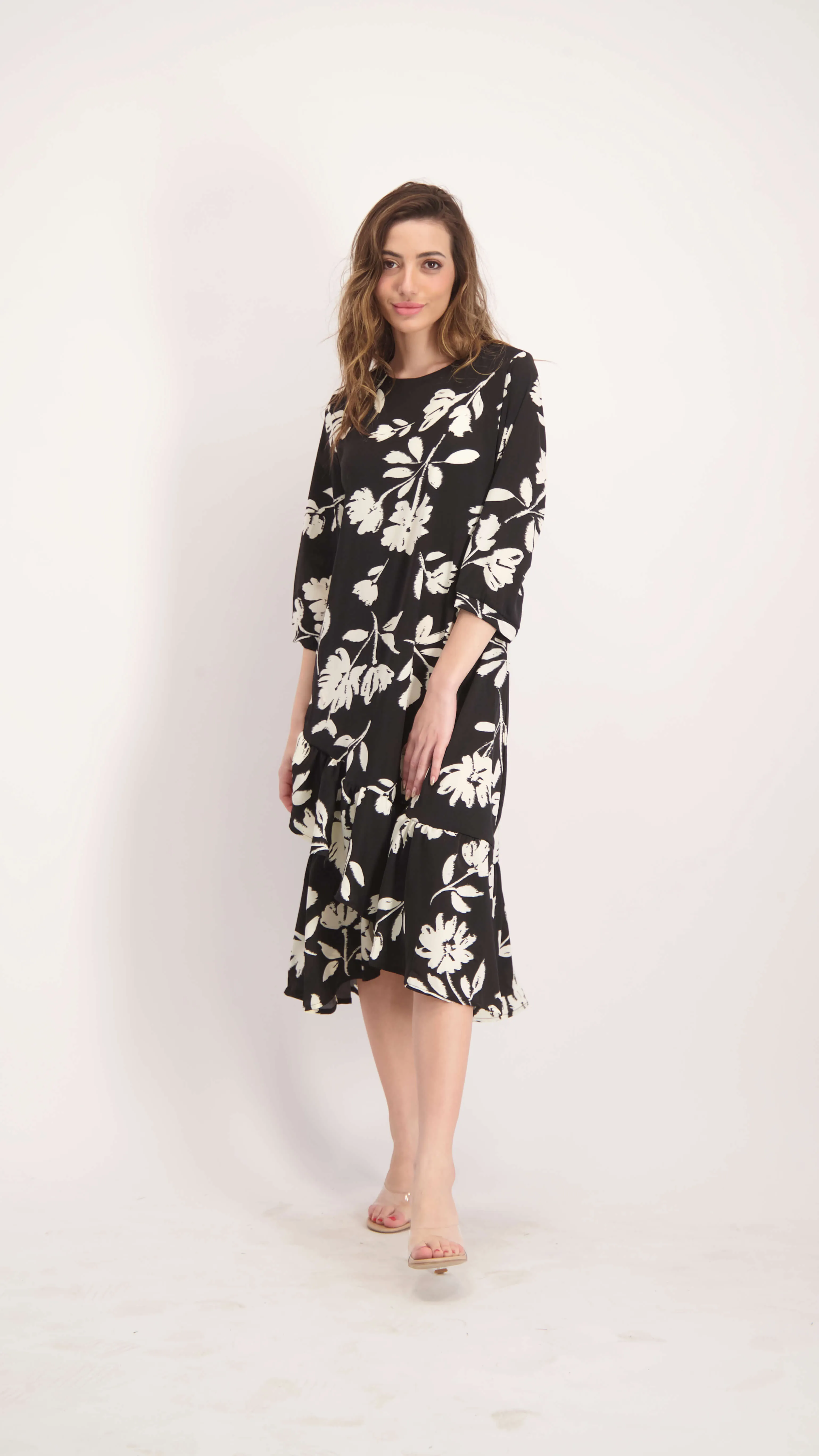 Ruffle Dress / Black & White Flowers