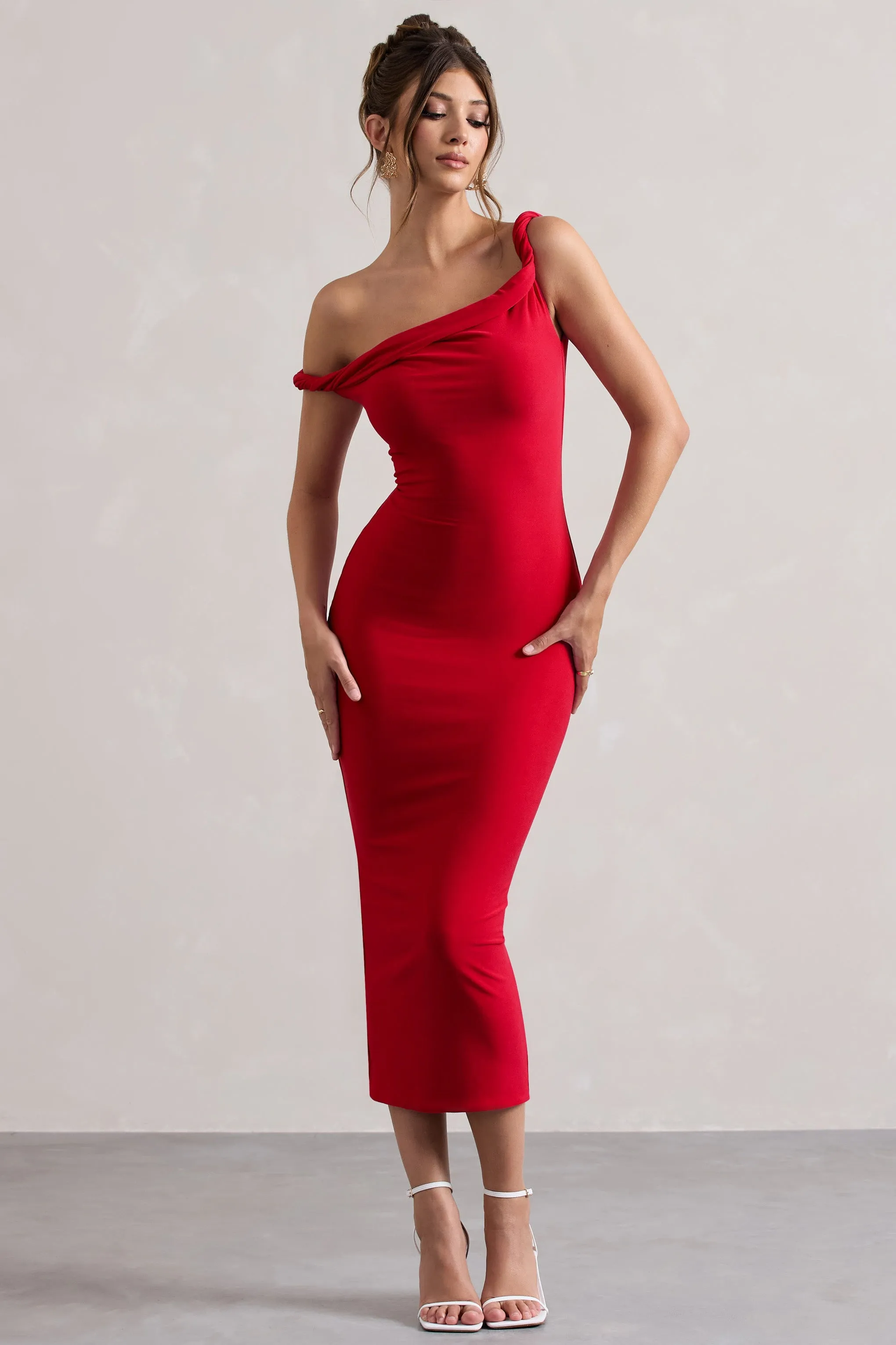 Salome | Red Twisted Asymmetric Midi Dress