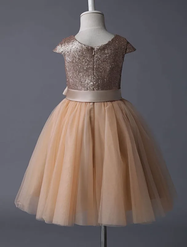 Sequined Tutu Pageant Dress Flower Girl Dresses Champagne Cap Sleeves Tulle Short Kids Party Dresses