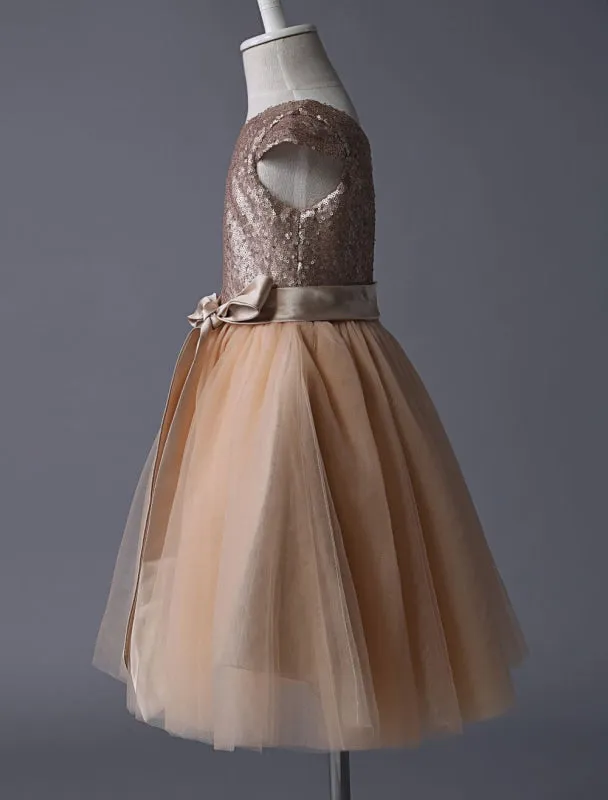 Sequined Tutu Pageant Dress Flower Girl Dresses Champagne Cap Sleeves Tulle Short Kids Party Dresses