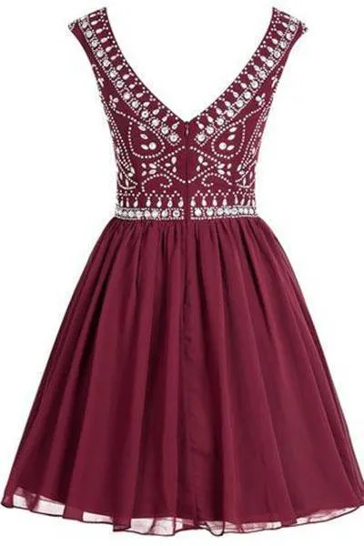 Short Beading Homecoming Chiffon V-back Prom Dresses