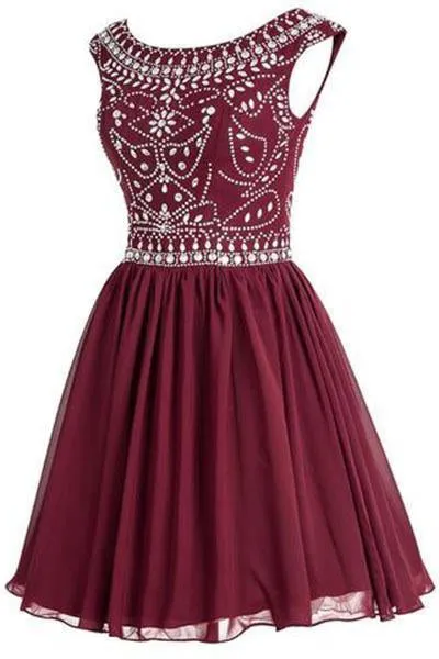 Short Beading Homecoming Chiffon V-back Prom Dresses