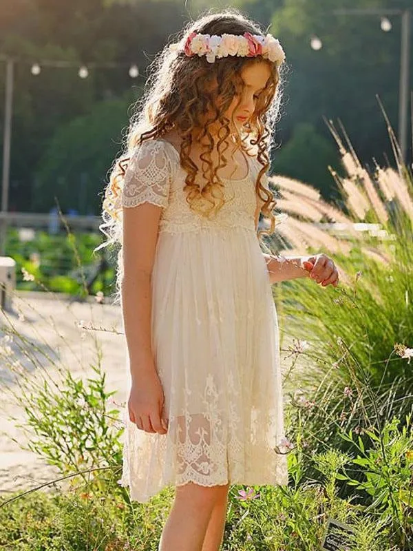 Short Sleeves Ivory Lace Formal Kids Pageant Dresses