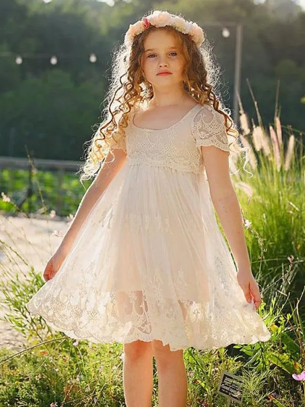 Short Sleeves Ivory Lace Formal Kids Pageant Dresses