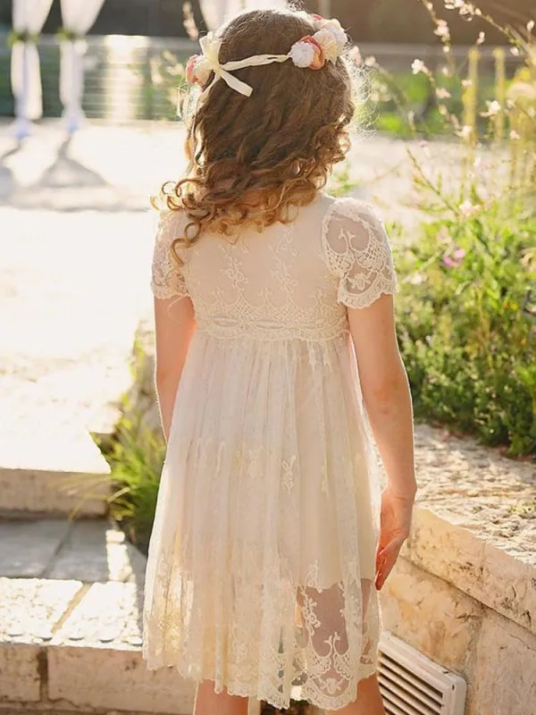 Short Sleeves Ivory Lace Formal Kids Pageant Dresses