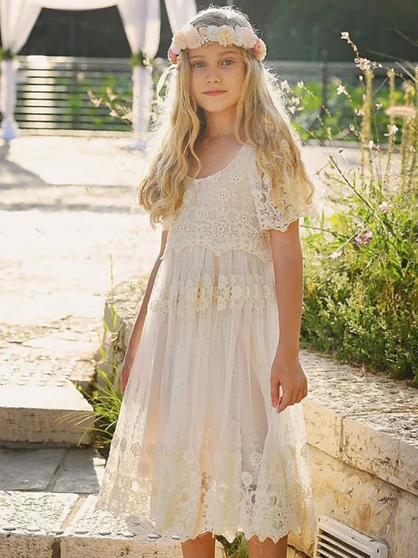 Short Sleeves Ivory Lace Formal Kids Pageant Dresses