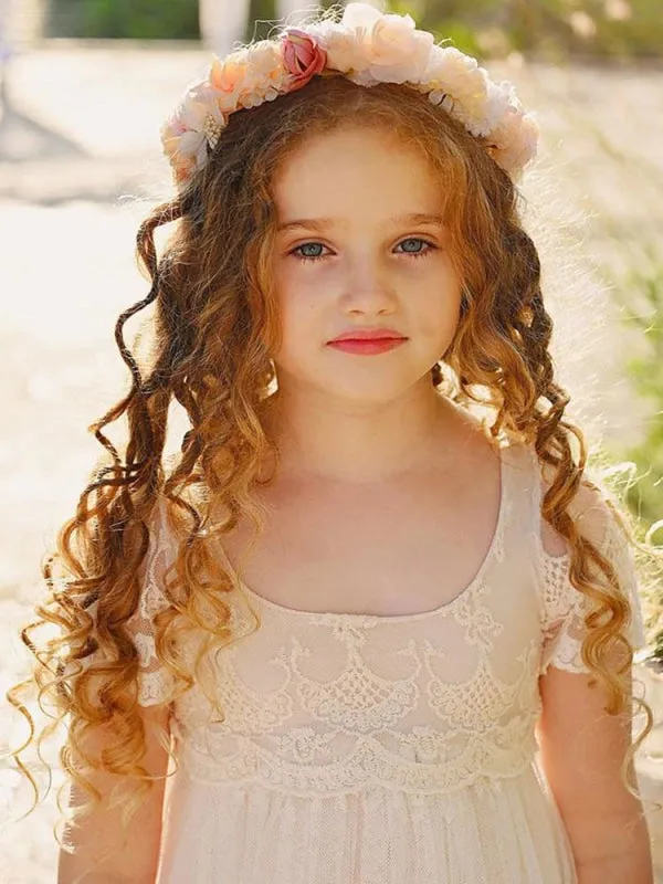 Short Sleeves Ivory Lace Formal Kids Pageant Dresses