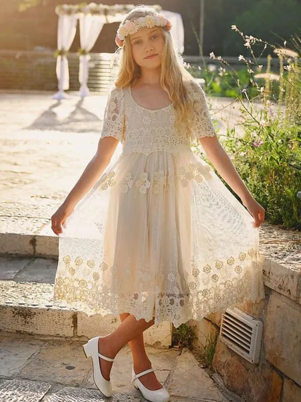 Short Sleeves Ivory Lace Formal Kids Pageant Dresses