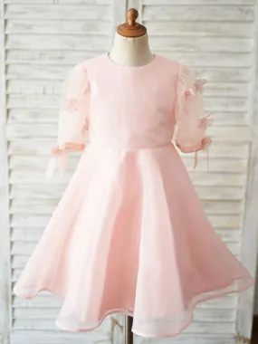 Short Sleeves Kids Pink Birthday Party Dresses Flower Girl Dresses Jewel Neck