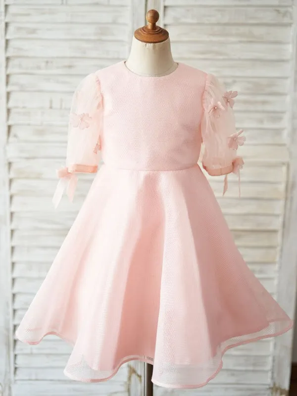 Short Sleeves Kids Pink Birthday Party Dresses Flower Girl Dresses Jewel Neck