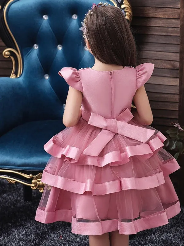 Short Sleeves Knee Length Princess Flower Girl Dresses Tulle Silhouette Beaded Formal Kids Dresses