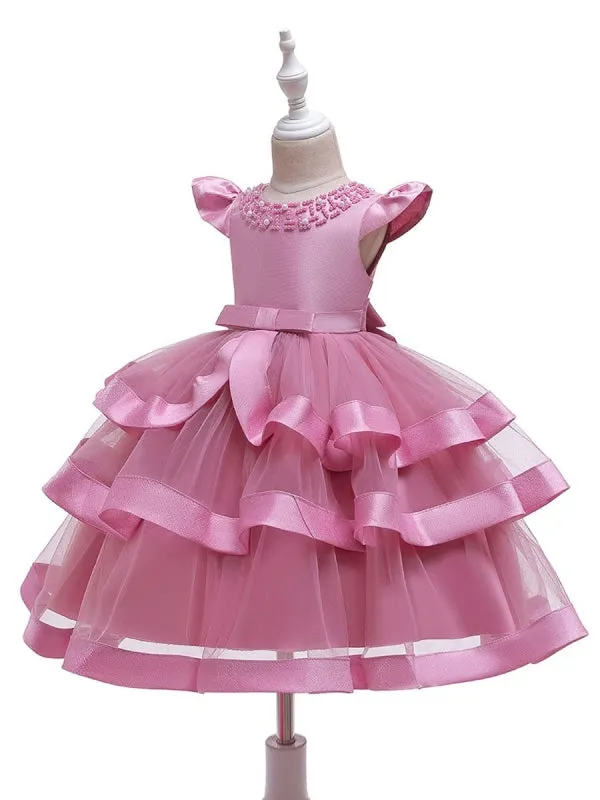 Short Sleeves Knee Length Princess Flower Girl Dresses Tulle Silhouette Beaded Formal Kids Dresses