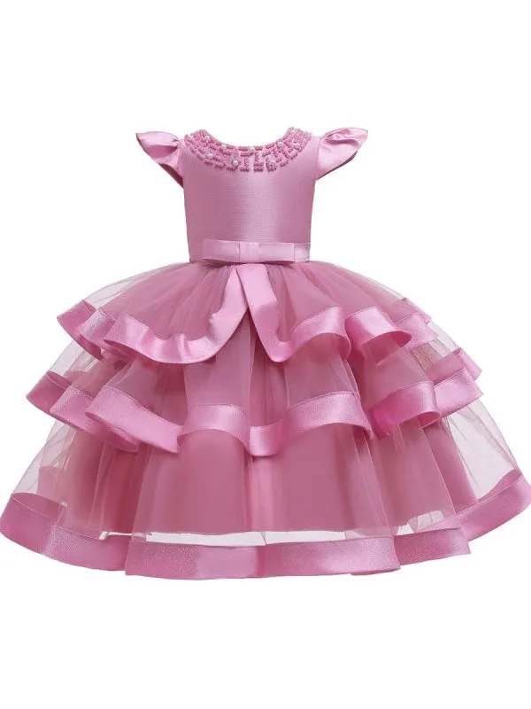 Short Sleeves Knee Length Princess Flower Girl Dresses Tulle Silhouette Beaded Formal Kids Dresses