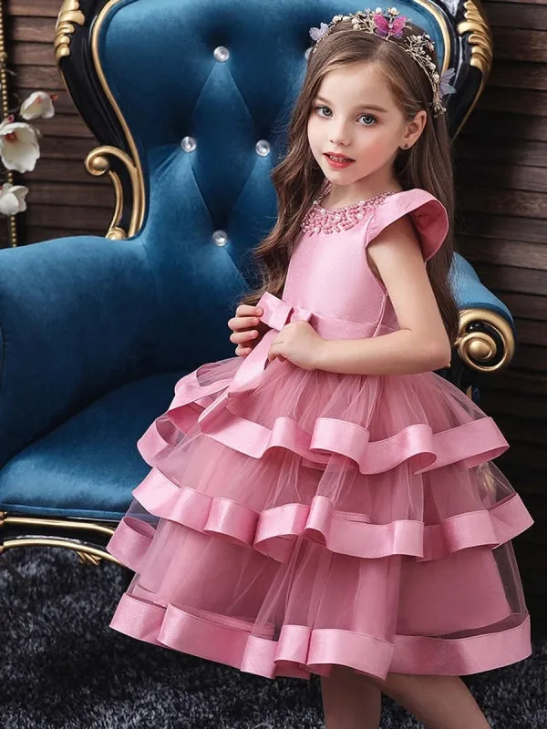 Short Sleeves Knee Length Princess Flower Girl Dresses Tulle Silhouette Beaded Formal Kids Dresses