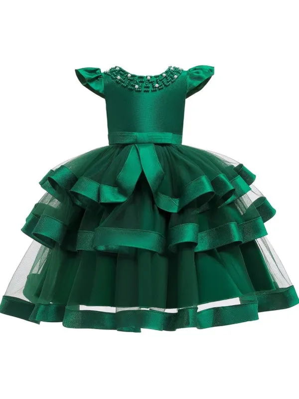 Short Sleeves Knee Length Princess Flower Girl Dresses Tulle Silhouette Beaded Formal Kids Dresses