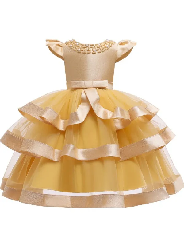 Short Sleeves Knee Length Princess Flower Girl Dresses Tulle Silhouette Beaded Formal Kids Dresses