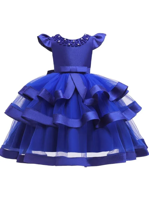 Short Sleeves Knee Length Princess Flower Girl Dresses Tulle Silhouette Beaded Formal Kids Dresses