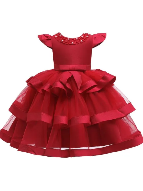 Short Sleeves Knee Length Princess Flower Girl Dresses Tulle Silhouette Beaded Formal Kids Dresses