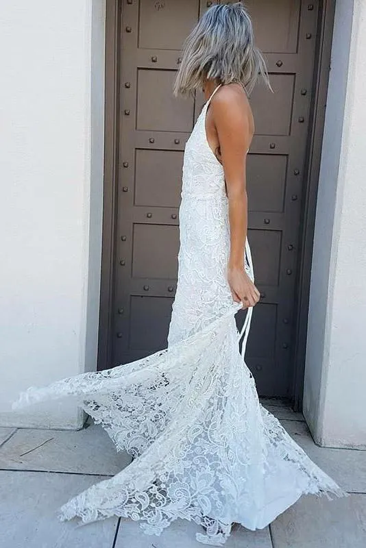 Simple Halter Mermaid Lace Appliques Wedding Dress Backless Beach Bridal Gowns