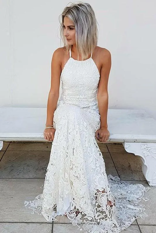 Simple Halter Mermaid Lace Appliques Wedding Dress Backless Beach Bridal Gowns