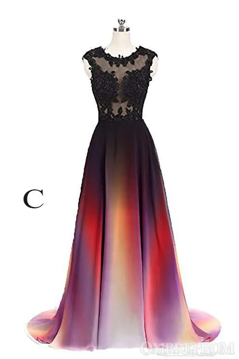 Simple Round Neck Lace Appliques Ombre Prom Dresses