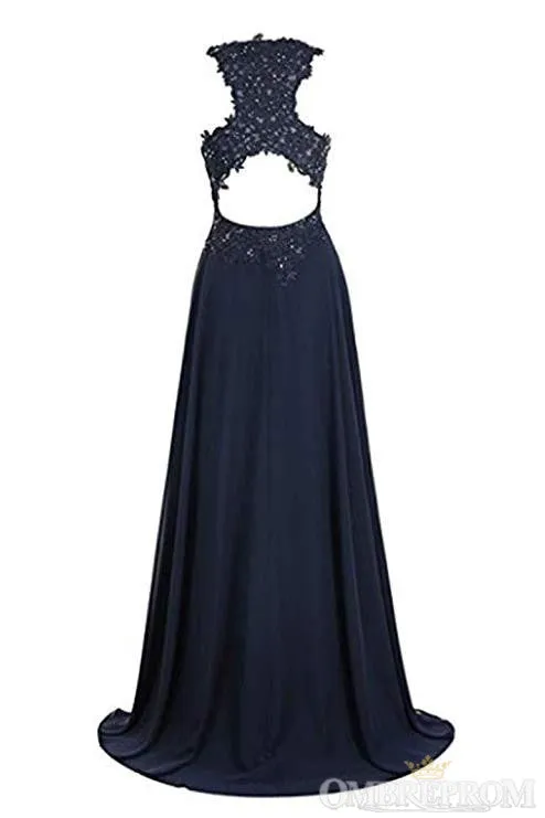 Simple Round Neck Lace Appliques Ombre Prom Dresses