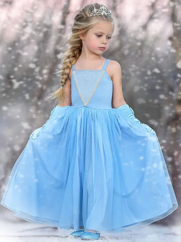 Sky Blue Princess Flower Girl Dresses Square Neck Sleeveless Pleated Kids Party Dresses With Gloves