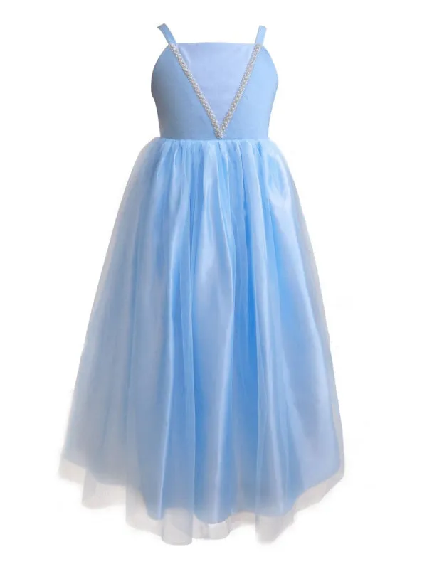 Sky Blue Princess Flower Girl Dresses Square Neck Sleeveless Pleated Kids Party Dresses With Gloves