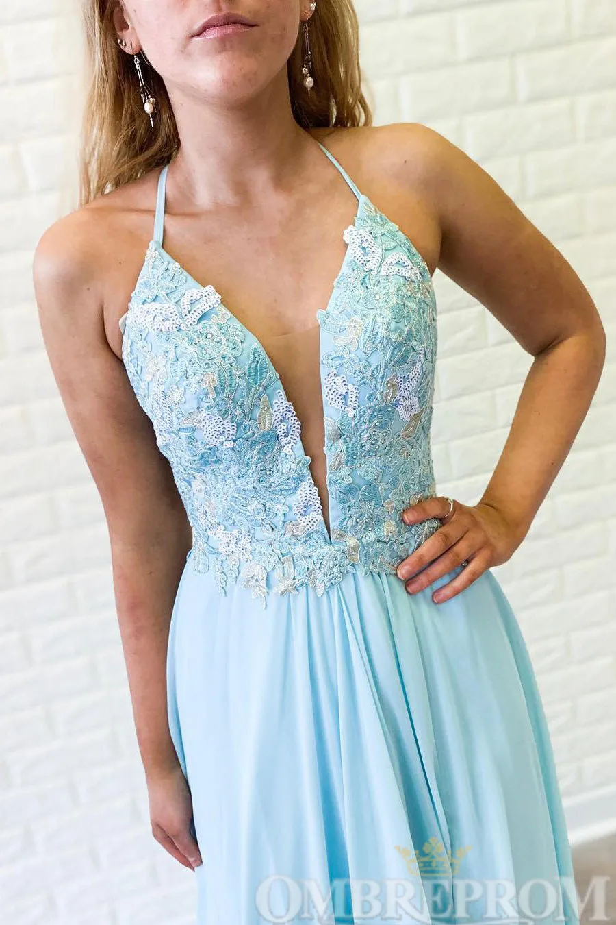 Sky Blue V Neck Lace Prom Dresses with Split Side Long Formal Dresses