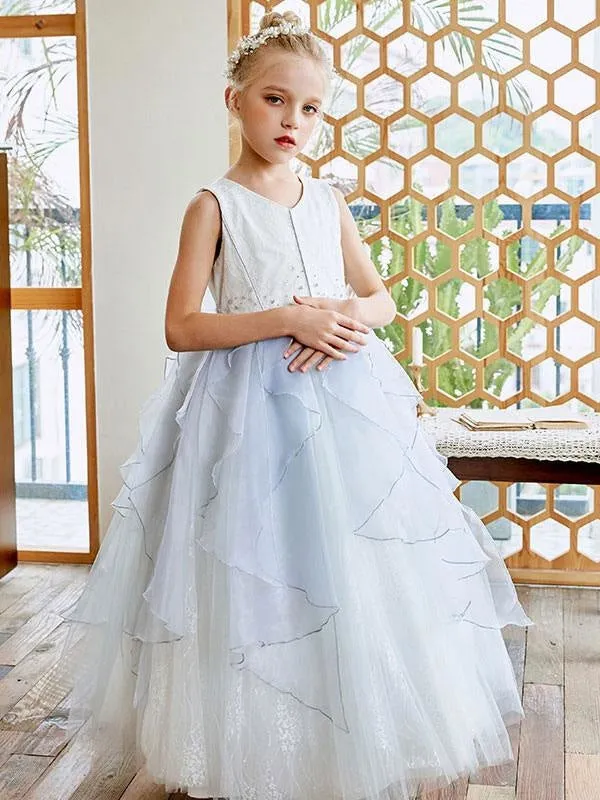 Sky Light Blue Floor Length Flower Girl Dresses V-Neck Sleeveless Tulle Bows Kids Social Party Dresses