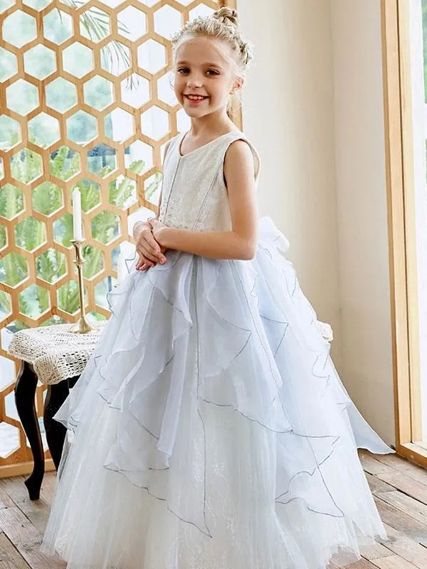 Sky Light Blue Floor Length Flower Girl Dresses V-Neck Sleeveless Tulle Bows Kids Social Party Dresses