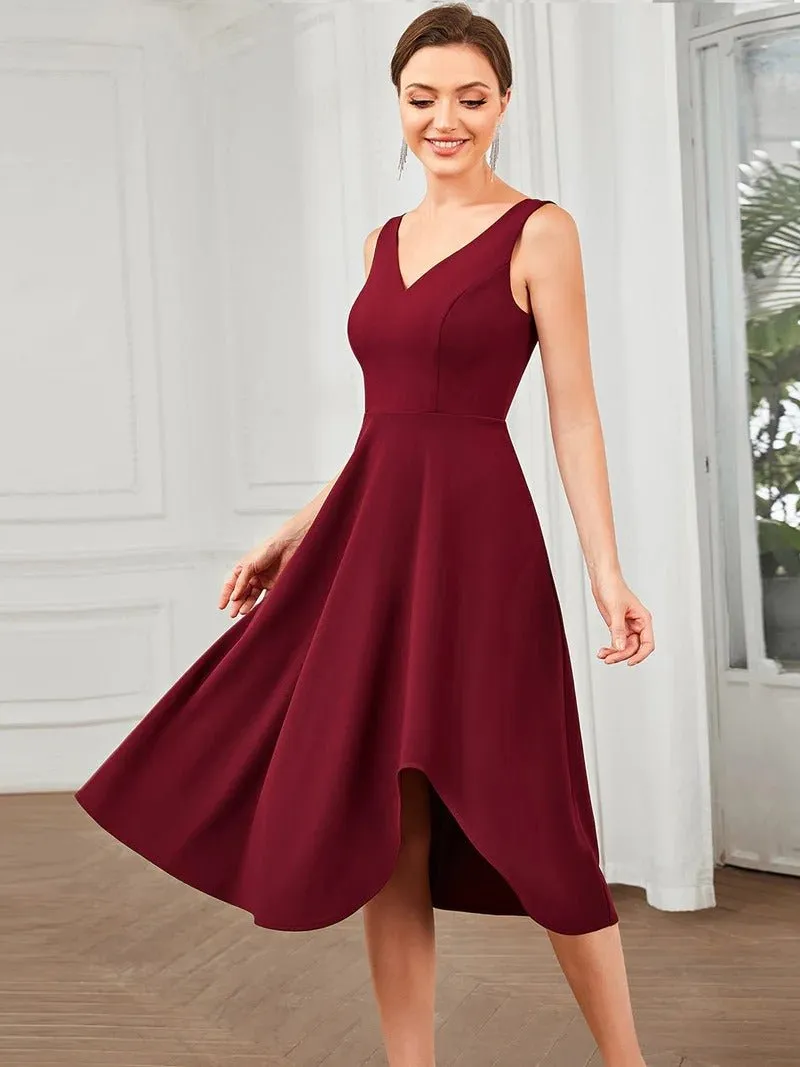 Sleeveless Asymmetrical Hem Evening Dresses with V Neck