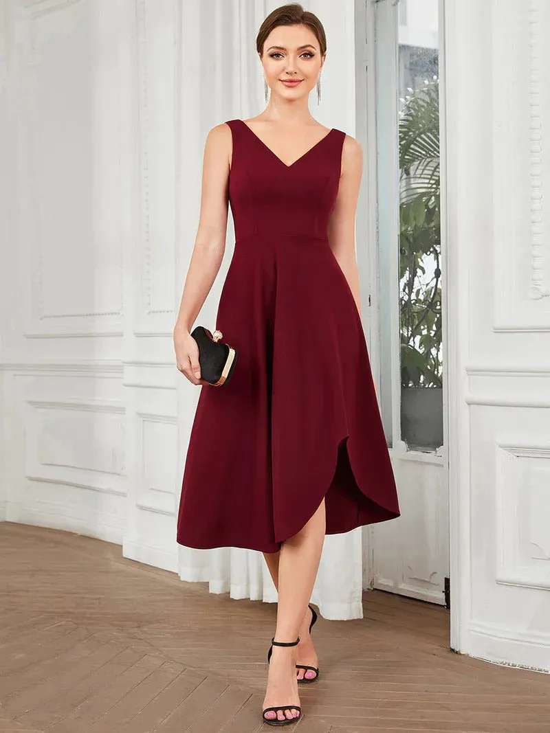 Sleeveless Asymmetrical Hem Evening Dresses with V Neck