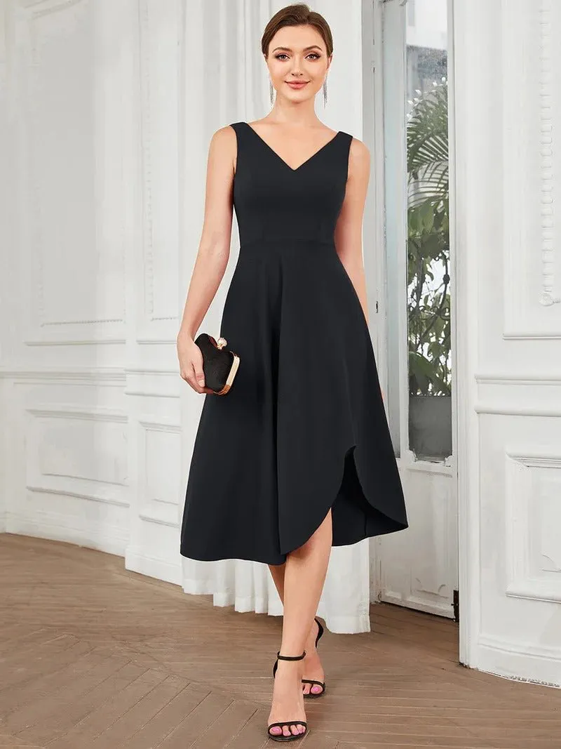 Sleeveless Asymmetrical Hem Evening Dresses with V Neck