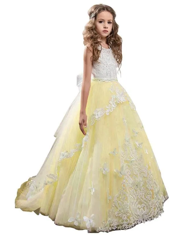 Sleeveless Butterfly Flower Girl Dresses Jewel Neck Formal Kids Princess Dresses