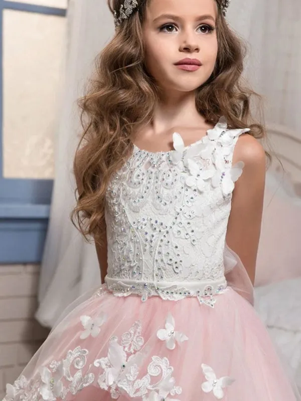 Sleeveless Butterfly Flower Girl Dresses Jewel Neck Formal Kids Princess Dresses