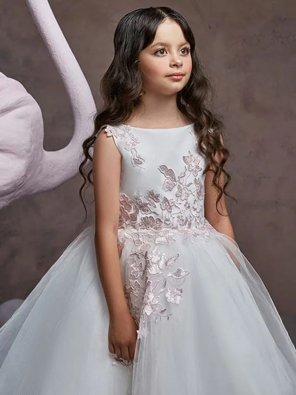 Sleeveless Sweep Princess Silhouette Embroidered Flower Girl Dresses Jewel Neck Tulle  Formal Kids Pageant Dresses