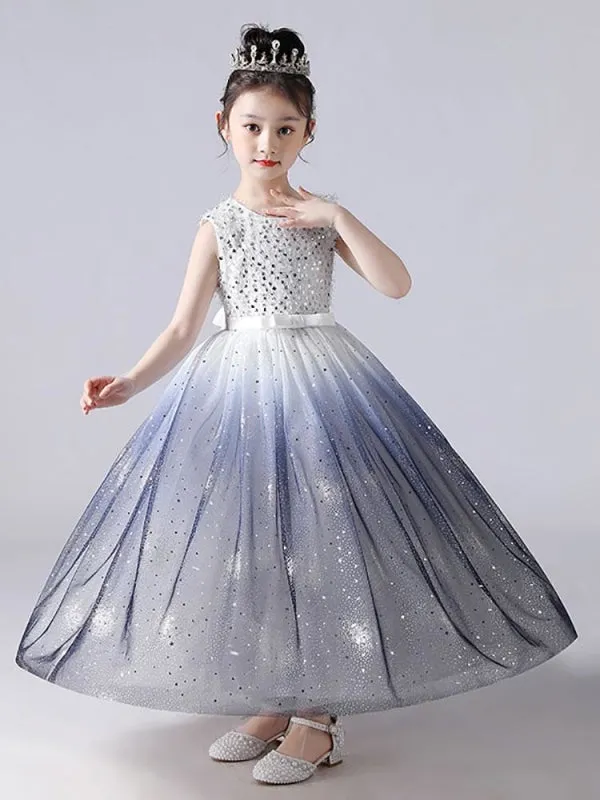 Sleeveless Tulle Lace Flower Girl Dresses Blue Jewel Neck Cotton Embroidered Kids Party Dresses