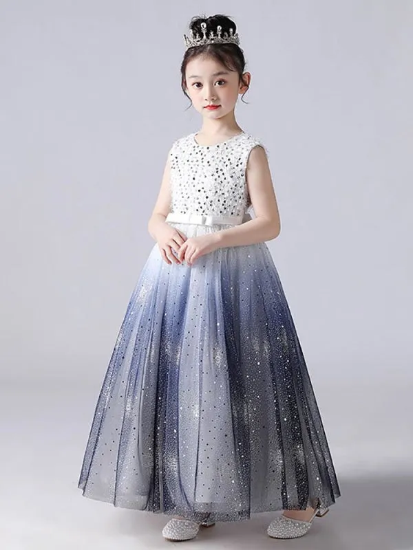 Sleeveless Tulle Lace Flower Girl Dresses Blue Jewel Neck Cotton Embroidered Kids Party Dresses