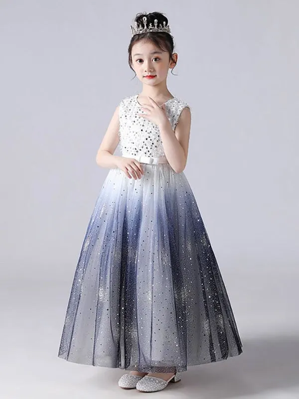 Sleeveless Tulle Lace Flower Girl Dresses Blue Jewel Neck Cotton Embroidered Kids Party Dresses