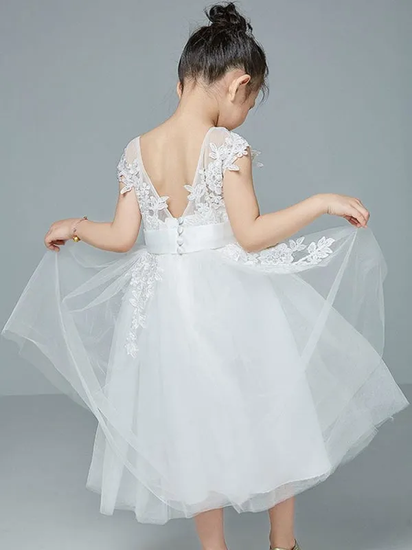 Sleeveless White Lace Tulle Flower Girl Dresses Knee Length Princess Silhouette Embroidered Kids Dresses