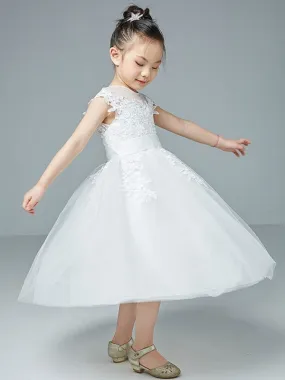 Sleeveless White Lace Tulle Flower Girl Dresses Knee Length Princess Silhouette Embroidered Kids Dresses